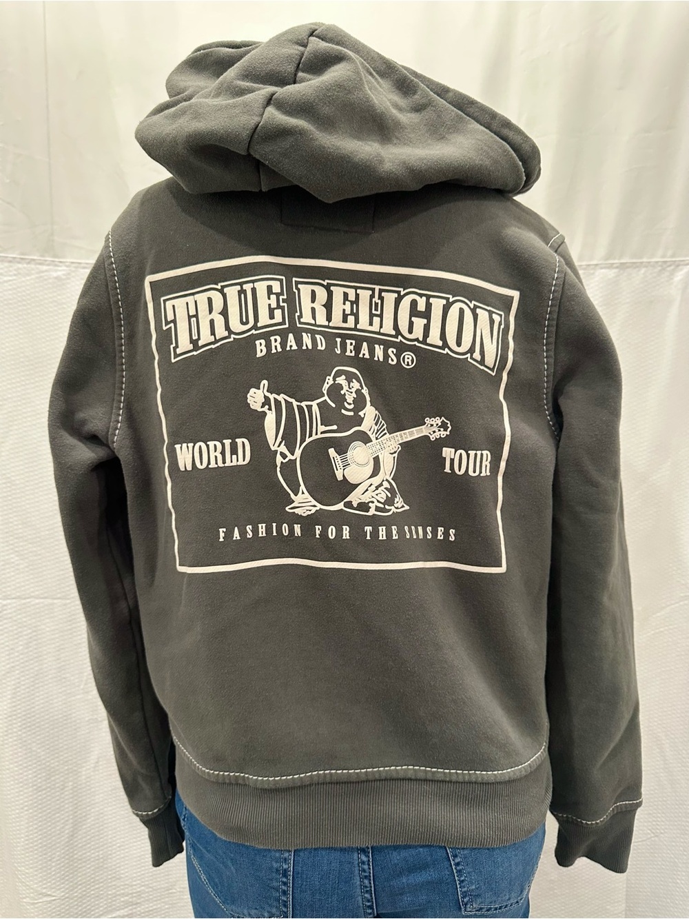 True Religion Big T Stitch Logo Army Green Hooded Zip Up Jacket Buddha